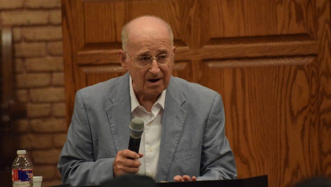 Manny Klepper shares his memories of Kristallnacht, or "the Night of Broken Glass," at Bolton Chapel on the Louisiana College campus Tuesday. Kristallnacht is the night in November 1938 when members of the Hitler Youth, SS and Nazi storm troopers attacked Jewish places of business and worship, including Klepper's childhood apartment.