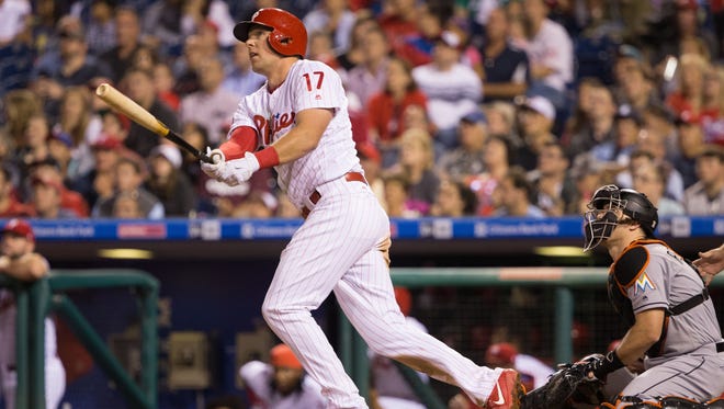 Philadelphia Phillies first baseman Rhys Hoskins hits a home run during the seventh inning against the Miami Marlins at Citizens Bank Park. The Philadelphia Phillies won 9-8 in 15 innings.