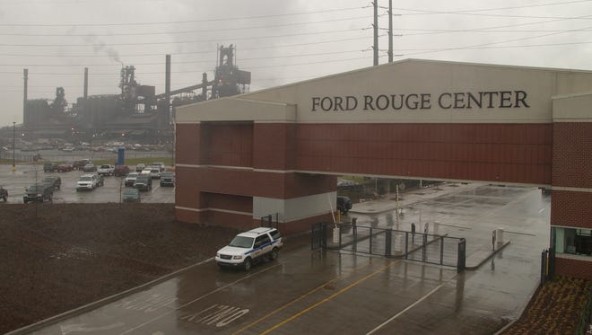 The gate to the Ford Rouge Center complex in Dearborn in December 2003.