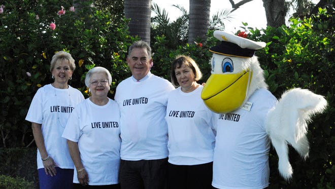 'Mariner Pete agrees that Marine Bank & Trust is all in for the 2017-2018 United Way Campaign,' said Bill Penney, president and CEO of Marine Bank and Trust. From left, Georgia Irish, Mary Cone, Bill Penney, and Kim Prado lead Team Marine.