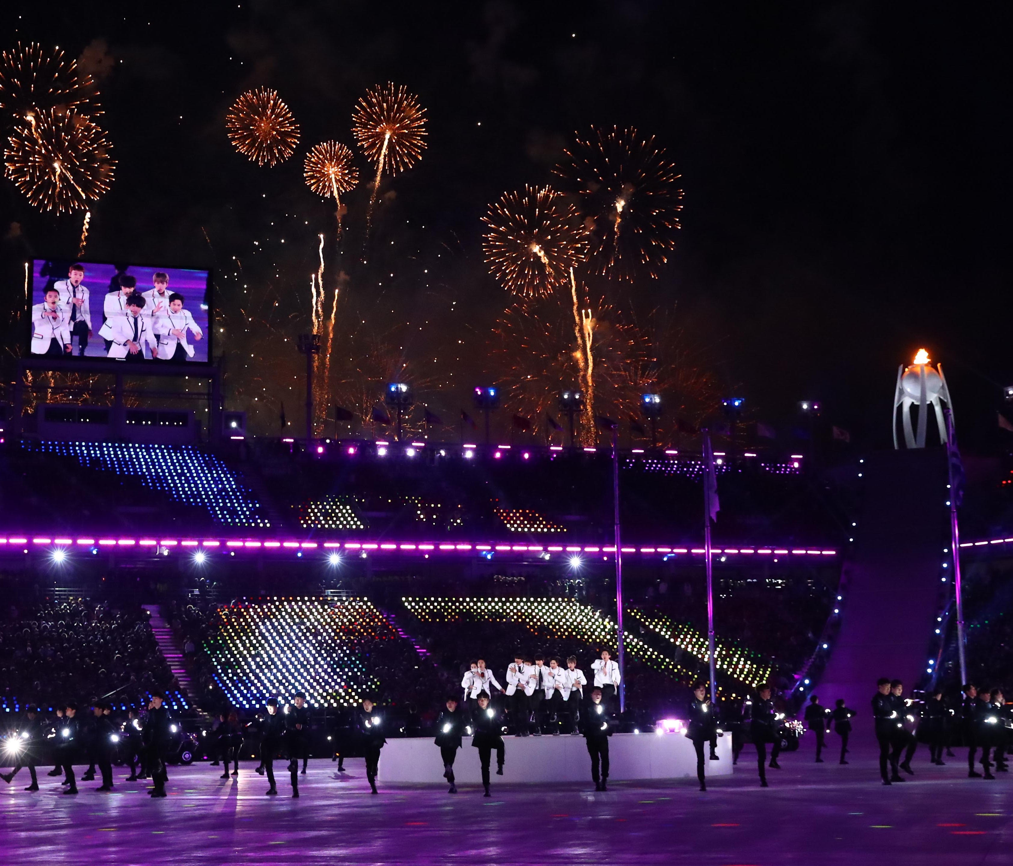 Feb 25, 2018; PyeongChang, South Korea; Fireworks during the closing ceremony for the Pyeongchang 2018 Olympic Winter Games at Pyeongchang Olympic Stadium. Mandatory Credit: Rob Schumacher-USA TODAY Sports