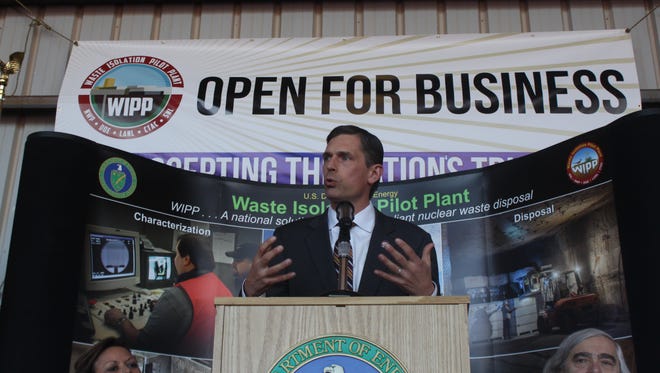 US Sen. Martin Heinrich speaks to a crowd of employees and politicians Monday at the reopening of the Waste Isolation Pilot Plant.