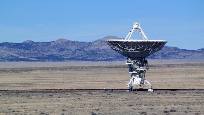 This Feb. 10, 2017 photo shows one of the 27 radio antennas that make up the Very Large Array astronomical observatory is positioned on tracks on the Plains of San Augustin west of Socorro. The Very Large Array is being used to make what astronomers say will be the sharped radio image of a large swath of the sky as part of a 7-year project.