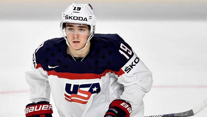 US forward Clayton Keller in action during the 2017 IIHF Ice Hockey World Championship group A preliminary round match between the USA and Denmark in Cologne, Germany.