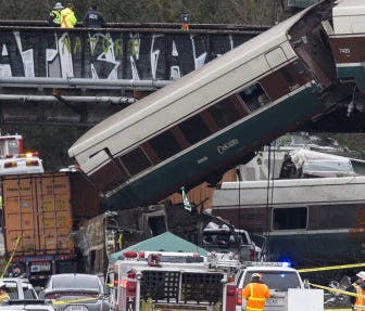 Amtrak train derails on Dec. 18, 2017, in DuPont, Wash.