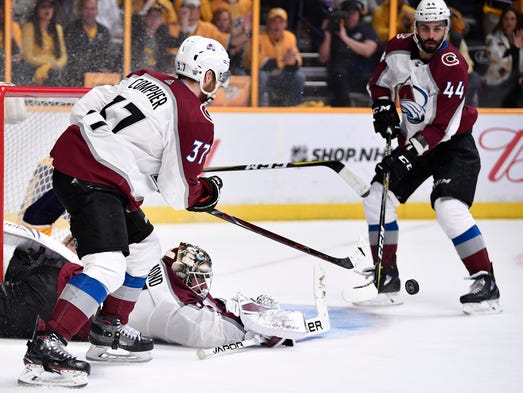 Avalanche goalie Andrew Hammond, 35, protects the net
