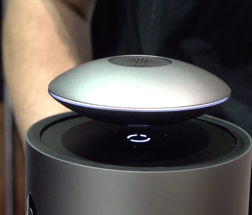 Levitating speakers from Crazybaby, on display at the CES in Las Vegas.
