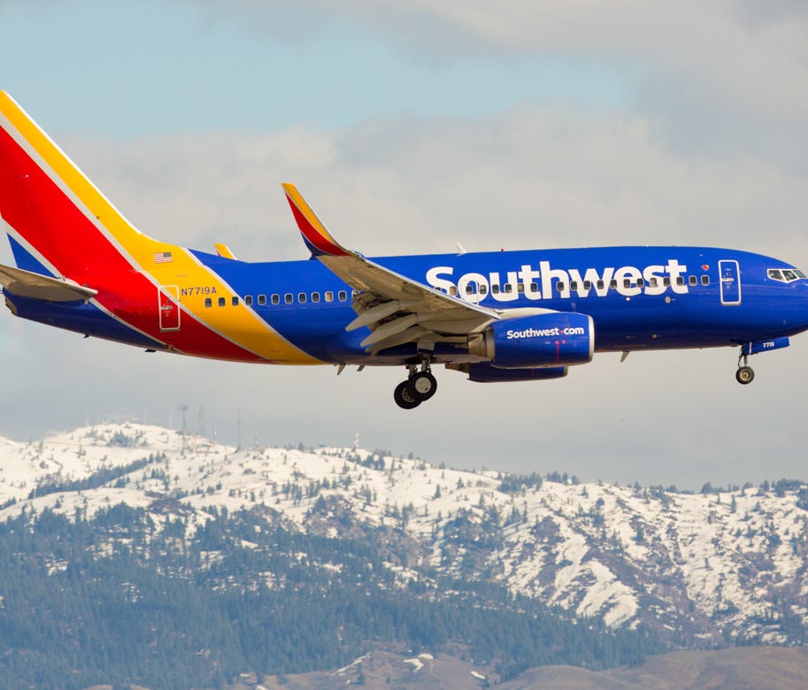 A Southwest Airlines Boeing 737 lands at Boise Airport on March 12, 2016.