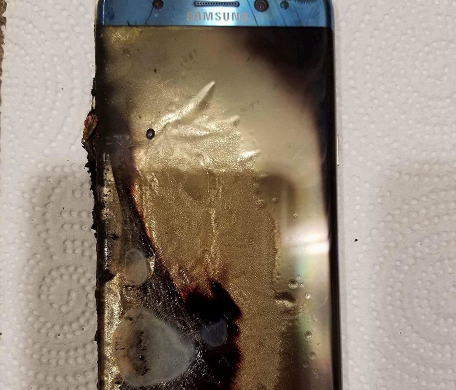 This Sept. 8, 2016, photo, shows a damaged Samsung Galaxy Note 7, in Marion, Ill., belonging to Joni Gantz Barwick, who was woken up at 3 a.m. by smoke and sparks from her Galaxy Note 7.