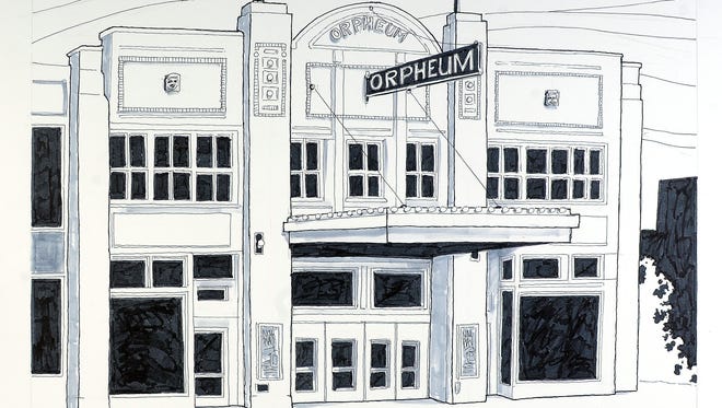 A photo of an illustration of the Orpheum Theater Centre by Jason Folkerts.