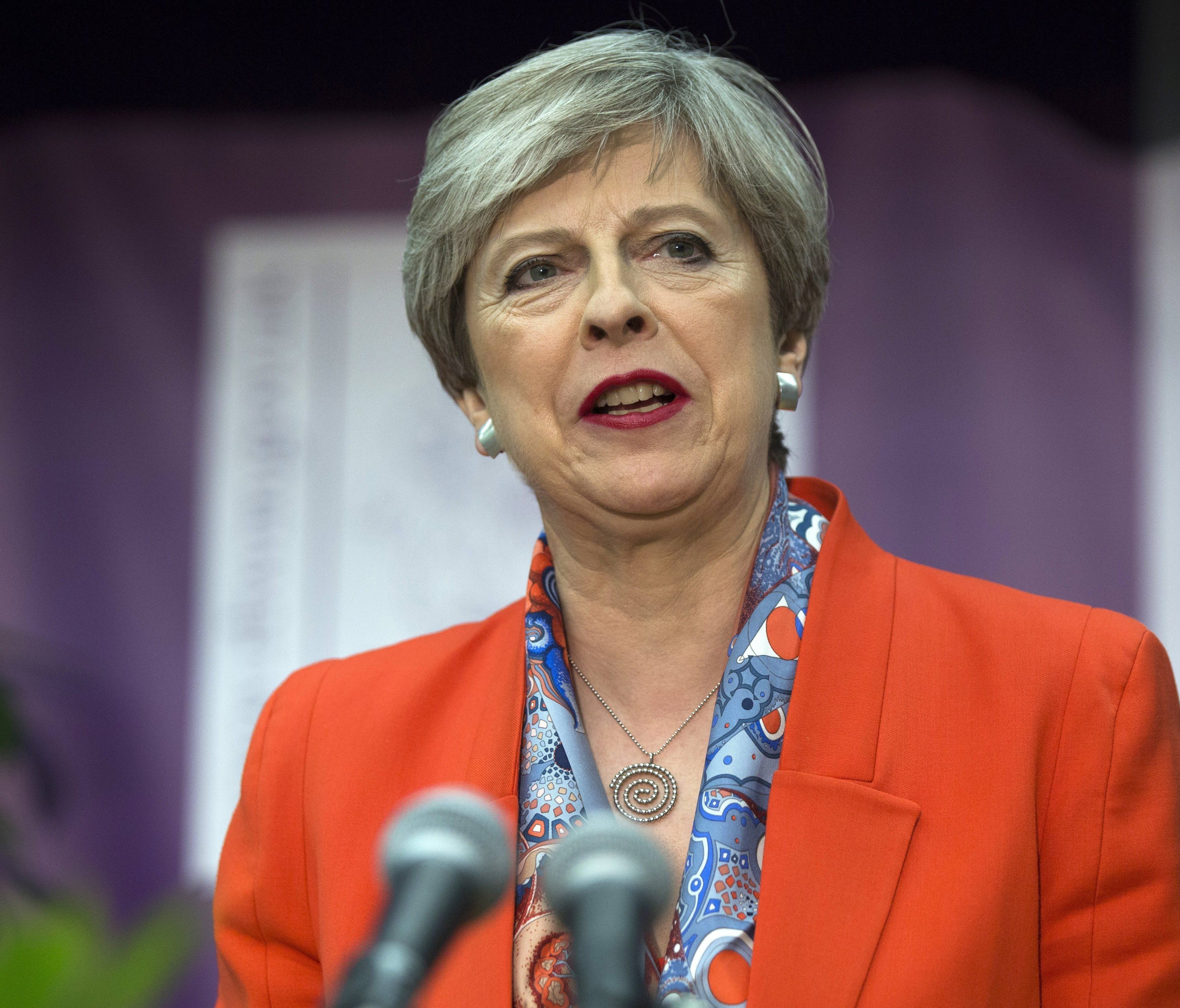 British Prime Minister Theresa May delivers a victory speech at the Magnet Leisure Centre after being declared the winner of the vote in the constituency of Maidenhead, England, on June 9, 2017.