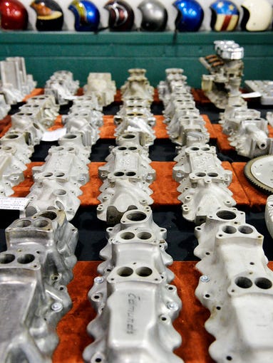 Car parts and helmets belonging to Pete Trumbauer of