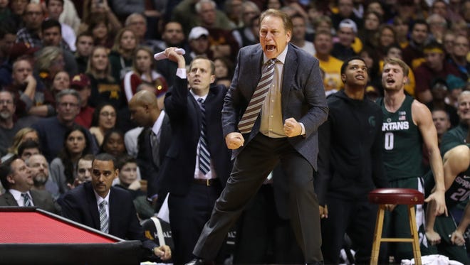 Michigan State coach Tom Izzo reacts during the second half of MSU's 75-74 overtime win over Minnesota Tuesday in Minneapolis.