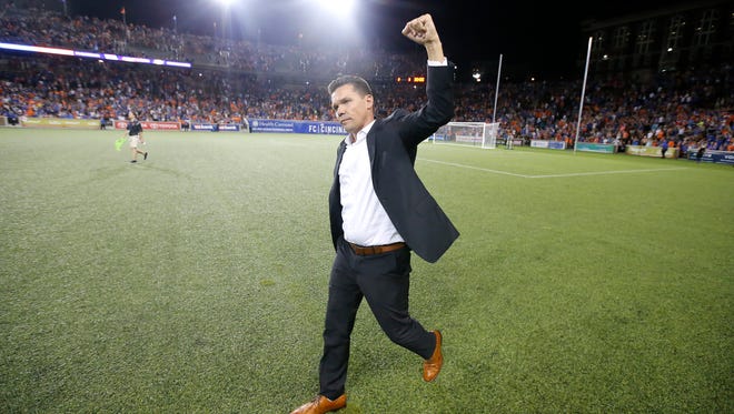 FC Cincinnati head coach Alan Koch celebrates the win against Chicago Fire FC during the Lamar Hunt US Open Cup match between the Chicago Fire and FC Cincinnati on June 28, 2017 at Nippert Stadium.
