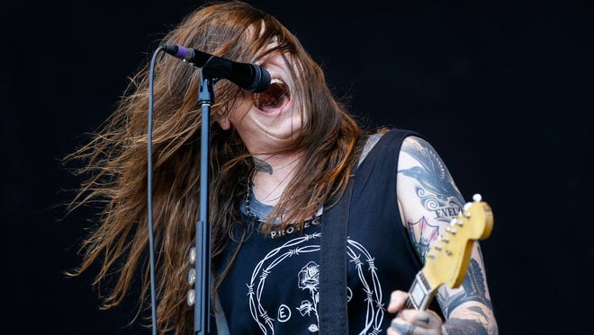 Laura Jane Grace, singer and guitarist of U.S. punk rock band "Against Me," performs at the Greenfield Openair Festival in 2017 in Interlaken, Switzerland.