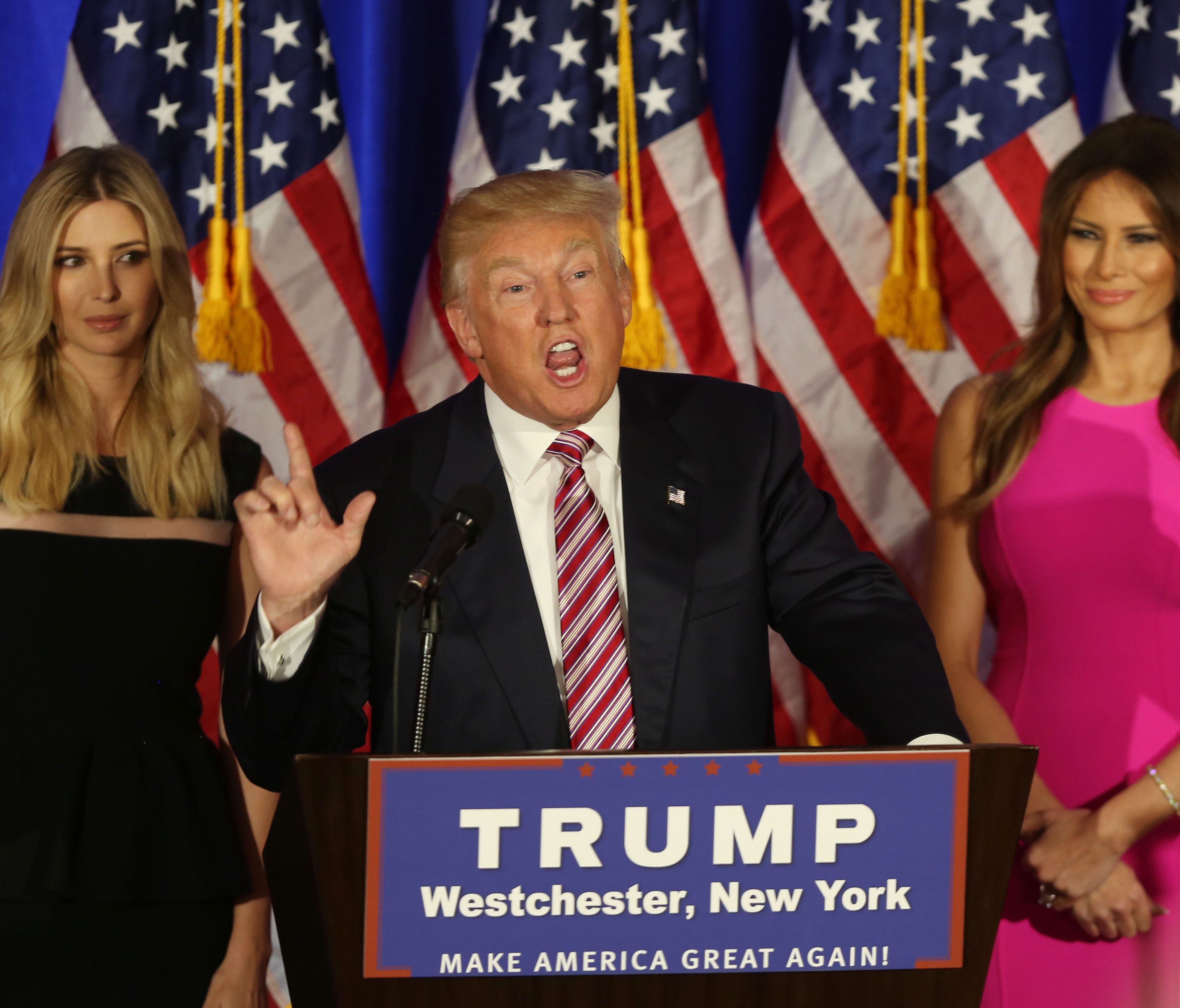Donald Trump speaks to the crowd at Trump National Golf Club in Briarcliff, following the primaries in six states June 7, 2016.