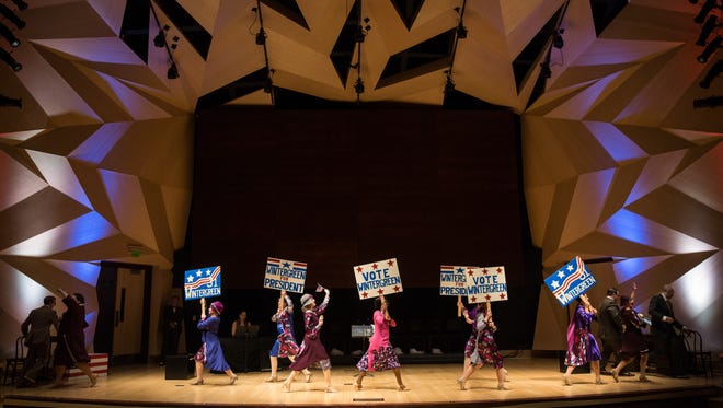 The cast of "Of Thee I Sing," a George & Ira Gershwin musical, runs through scenes at the Florida Gulf Coast University's Bower School of Music and Arts on Monday, Oct. 3, 2016. TheatreZone and the FGCU drama school are collaborating on the musical that won a Pulitzer prize for spearing American politics in song and dance. 