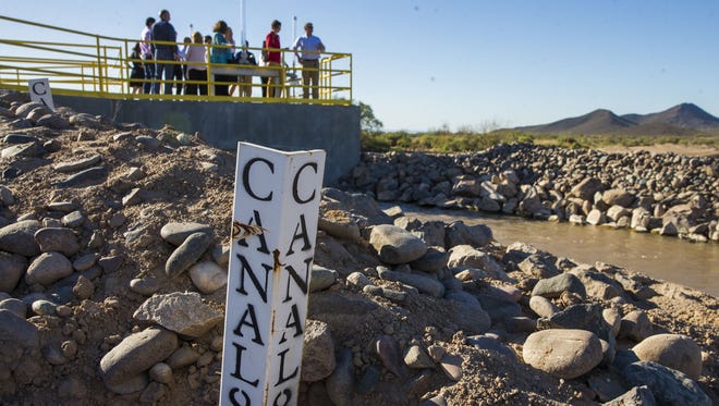 Water from this spreader station, where water will be diverted to the Gila River, is part of a river restoration project and water-storage agreement with Phoenix.