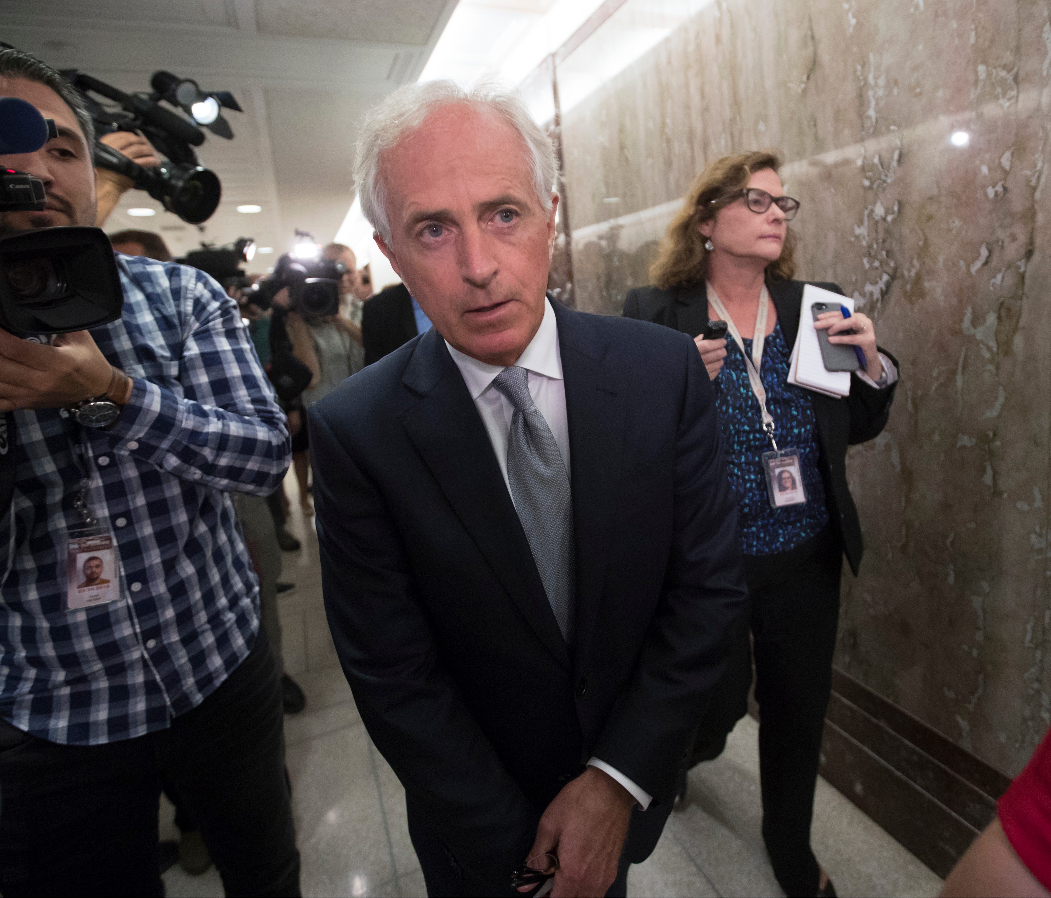 Senate Foreign Relations Committee Chairman Sen. Bob Corker, R-Tenn., walks on Capitol Hill after talking to reporters about President Donald Trump, Tuesday, Oct. 24, 2017, in Washington. (AP Photo/J. Scott Applewhite)