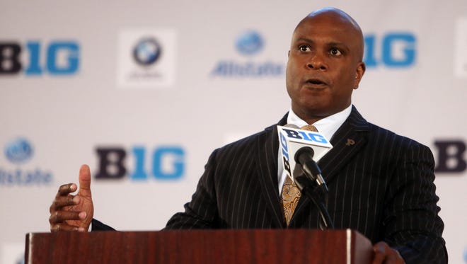 Jul 28, 2014; Chicago, IL, USA; Purdue Boilermakers head coach Darrell Hazell addresses the media during the Big Ten football media day at Hilton Chicago. Mandatory Credit: Jerry Lai-USA TODAY Sports