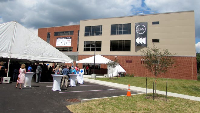 Guests gather outside the new Corning Community College Health Education Center on Wednesday for an official ribbon-cutting ceremony.