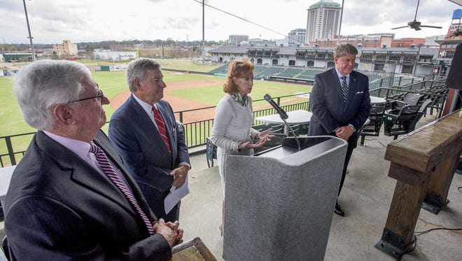 Montgomery Biscuits owner Sherrie Myers speaks as council chair Charles Jinright, from left, mayor Todd Strange and councilman Richard Bollinger look on during the announcement of the possible sale of the Montgomery Biscuits at Riverwalk Stadium in Montgomery, Ala. on Thursday February 23, 2017.