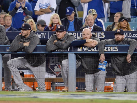Game 6 at Dodger Stadium: Astros players look on from
