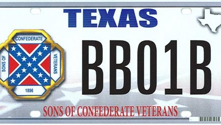 This image provided by the Texas Department of Motor Vehicles shows the design of a proposed Sons of Confederate Veterans license plate.  The Supreme Court on March 23, 2015, will weigh a free-speech challenge to Texas’ decision to refuse to issue a license plate bearing the Confederate battle flag. Specialty plates are big business in Texas, where drivers spent $17.6 million last year to choose from among more than 350 messages the state allows on the plates.
