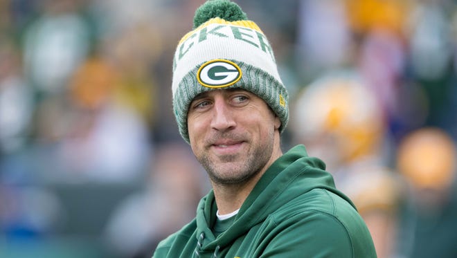 Green Bay Packers quarterback Aaron Rodgers during warmups prior to the game against the Tampa Bay Buccaneers at Lambeau Field.