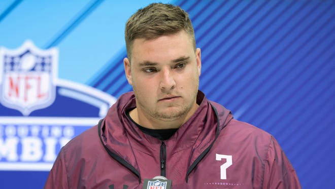 Mar 1, 2018; Indianapolis, IN, USA; Michigan offensive lineman Mason Cole speaks to the media during the NFL combine at the Indianapolis Convention Center.