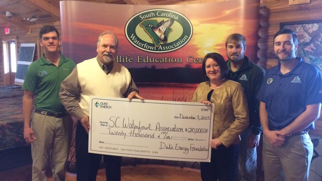 The Duke Energy Foundation awarded a $20,000 grant to Camp Leopold for environmental education. Pictured left to right; Joe Gonzalez, S.C. Waterfowl Association's Camp Leopold school year program director; Theo Lane and Mindy Taylor with Duke Energy;  Ed Paul, SCWA education director; Justin Grider,  SCWA Camp Woodie summer program director.