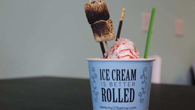 22 Below, at 4155 Rickey St. SE, specializes in Thai rolled ice cream, a treat made with fresh rolled ice cream topped with candy, cookies and more. The matcha-strawberry ice cream comes topped with Pocky, toasted marshmallows, whipped cream, coconut flakes and strawberry sauce.
