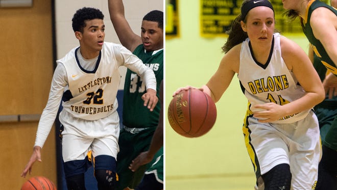 Six teams from the Hanover-area emerge in the District 3 playoffs. LEFT: Littlestown's Jayden Weishaar (32) drives the ball around York Tech defenders, Wednesday, Jan. 10, 2018. RIGHT: Delone Catholic's Dee McCormic (14) dribbles the ball toward the net, Friday, Jan. 5, 2018.