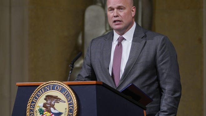 Acting Attorney General Matthew G. Whitaker speaking at the Dept. of Justice's Annual Veterans Appreciation Day Ceremony, Thursday, Nov. 15, 2018, at the Justice Department in Washington. (AP Photo/Pablo Martinez Monsivais)