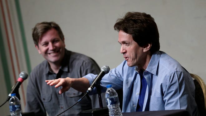 Mitch Albom, right, a Detroit Free Press columnist, leads a panel discussion with film director Greg Kohs after the screening of "The Great Alone" during the third annual Freep Film Festival in the Betty Danto Lecture Hall at the DIA on Saturday, April 2, 2016, in Detroit.