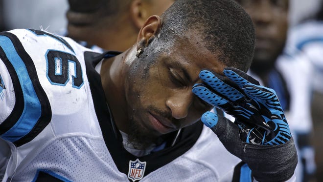 Carolina Panthers defensive end Greg Hardy reacts Dec. 8 during a game against the New Orleans Saints. Hardy has already been convicted on two counts of domestic violence.