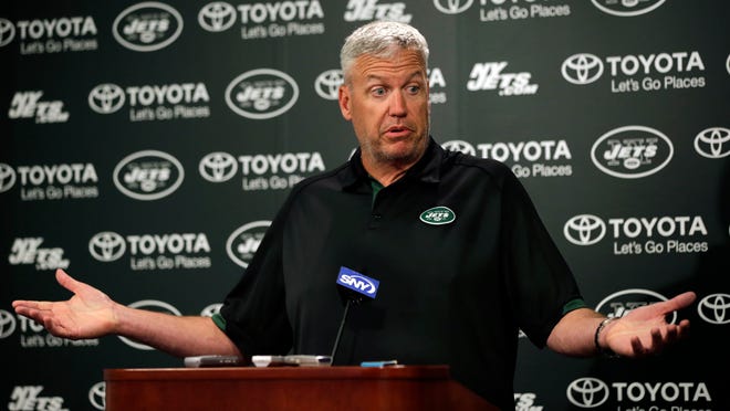 
Jets head coach Rex Ryan reacts as he speaks with the media after minicamp on Thursday. Ryan was asked if the New England Patriots may have obtained a copy of the Jets playbook.
