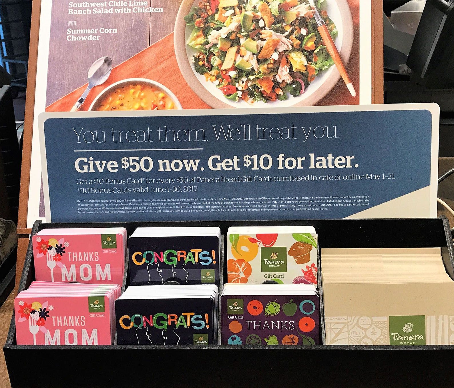 Many restaurants, including Panera Bread shown here, are offering gift card deals perfect for Mother's Day, graduation and Father's Day gifts.