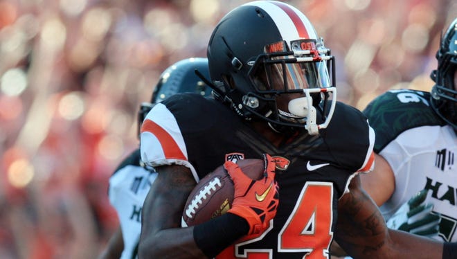 Storm Woods leads Oregon State in rushing with 152 yards, but his season-long carry is only 9 yards.