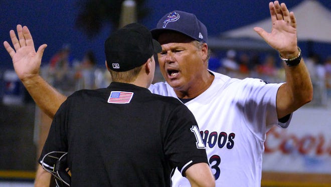 Pat Kelly, shown pleading his case during a game last season, will return as Blue Wahoos manager for his third year in Pensacola.