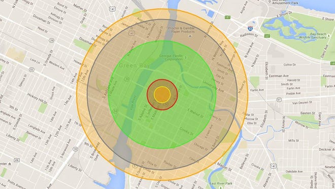 A map of the blast area of a Hiroshima-sized nuclear weapon detonated over downtown Green Bay.