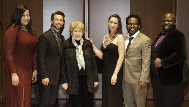 George London Foundation President Nora London, center, with 2017 George London Award winners Michelle Bradley, from left, Aaron Blake, Lara Secord-Haid, Will Liverman and Errin Duane Brooks.