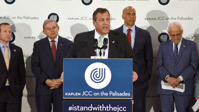 Gov. Chris Christie speaking Friday at the solidarity rally at the Kaplen Jewish Community Center on the Palisades, in Tenafly. Christie vowed to “prosecute to the full extent of the law and send to prison” anyone who commits a bias crime.
