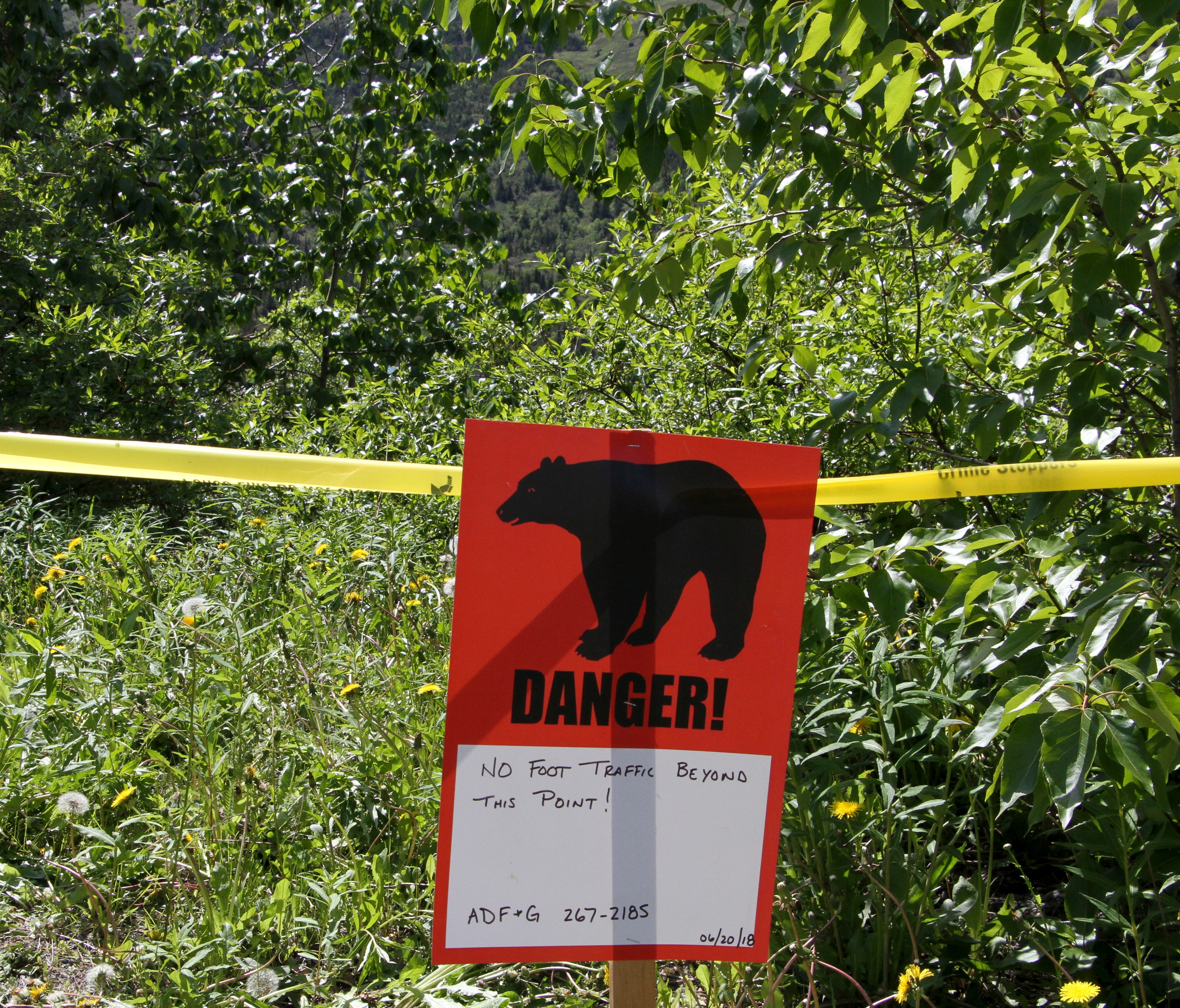 A bear sign and police tape mark a site near a bear attack near Eagle River, Alaska, Wednesday, June 20, 2018.
