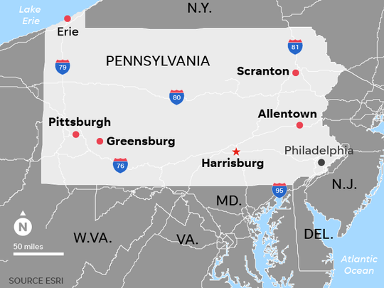 Map locates 6 Pennsylvania cities that have been the