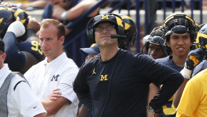 Jim Harbaugh on the sideline during Michigan's 29-13 win over Air Force, Saturday, Sept. 16, 2017 at Michigan Stadium.