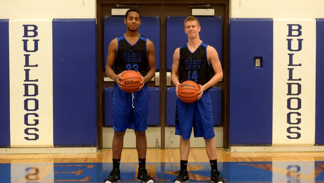 Centerville High School basketball players Alex Brandon and Matt Stamper Friday, Nov. 20, 2015, during practice in Centerville.
