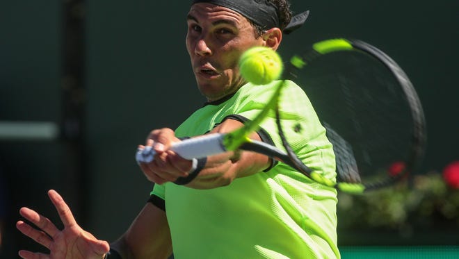Rafael Nadal returns the ball to fellow Spaniard Fernando Verdasco in the men's 3rd round on Tuesday, March 14, 2017 in Indian Wells, CA.