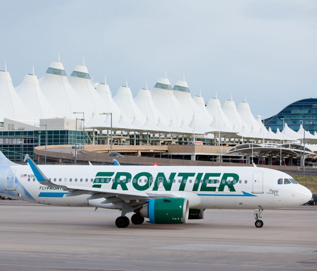 A Frontier Airlines Airbus A320neo taxies out from Denver International Airport in May 2017.