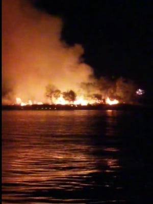 A still from a video shows the fire as it burned after the fireworks explosion Saturday night at Lake Brownwood.